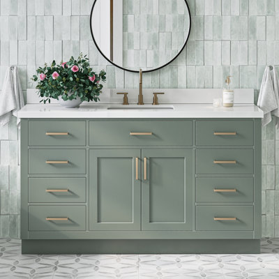 Meuble-lavabo simple en bois massif Tidworth avec plateau en quartz blanc de 1,5 po