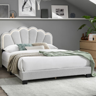 1Pc Queen Size Bed Wool Fabric Floral Design Headboard W LED Fully Upholstered Platform Bedframe