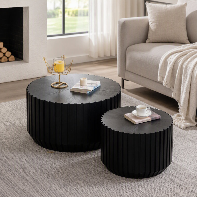 Ensemble de 2 tables basses cannelées noires - Tables d'appoint rondes en bois massif et MDF (68 cm/50 cm) pour petits espaces, entièrement assemblées, tables de chevet pour salon/chambre