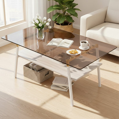 Table basse moderne en verre rectangulaire avec tablette en bois et structure en métal, table de salon moderne
