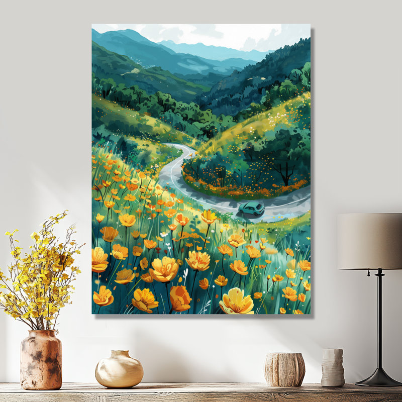 «Green Mountain Summer Flower Meadows II - Landscape Mountains», art mural salon, Toile tendue, H 34 po x l 44 po