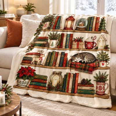 Plaid polaire douillet, motif d'étagère de Noël, couverture moelleuse pour canapé, lit, chambre, salon, décoration intérieure