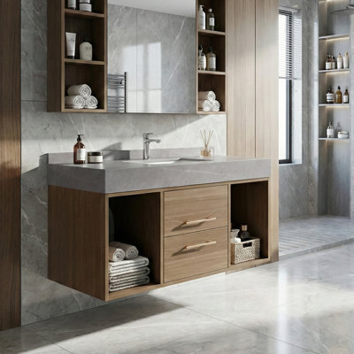 39'' Walnut Wall-mounted Bathroom Vanity with Sink, Modern Floating Vanities with Sintered Stone Tabletop, Two Drawers and Open Shelves, Walnut and Gray