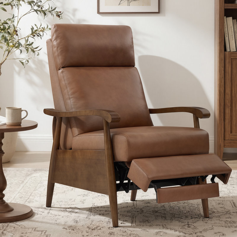 Genuine Leather Push Back Recliner Chair, Solid Wood Arm Mid Century Modern High Back Recliner, 3 Position Adjustable Manual Reclining Lounge Chair for Living Room Bedroom And Reading Nook