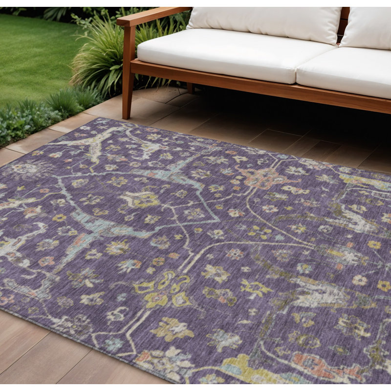 Tapis intérieur/extérieur lavable, 3 m x 4,2 m, beige aubergine et doré à motifs floraux