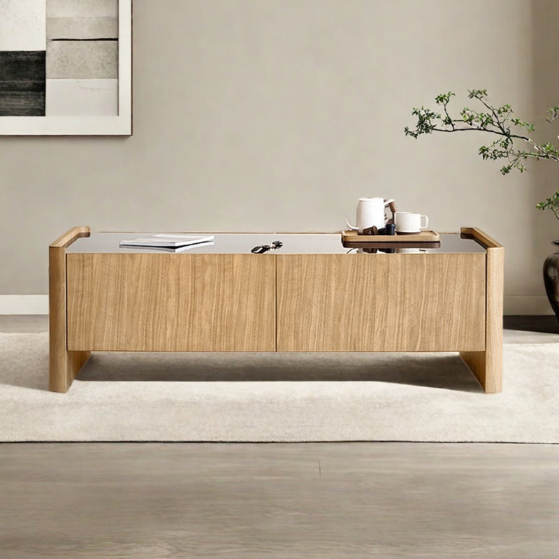 Table basse moderne avec verre, Burlywood, H 17,71 po x L 51,18 po x l 27,55 po