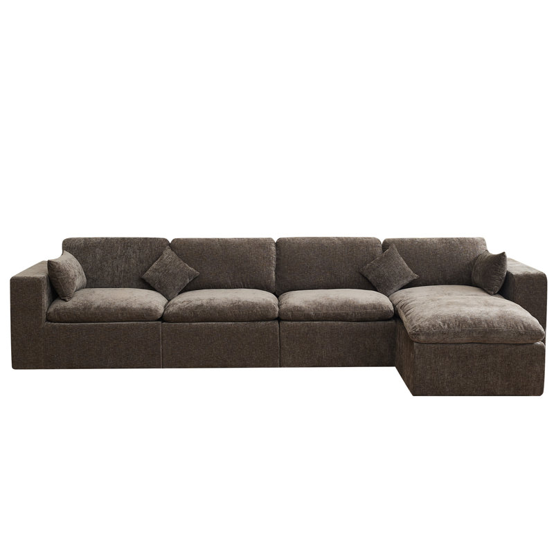 Compression Sectional Couch with Ottoman, 5, Brown Chenille