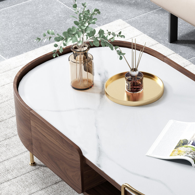 Table basse de haute qualité Rilei, plateau en verre et plateau en pierre frittée, assemblage simple, Plateau blanc / base or