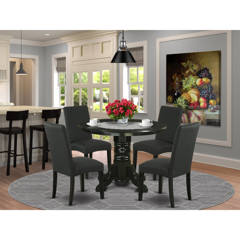 Ensemble de 5 pièces pour coin-repas pour 4 personnes comprenant une table de cuisine ronde avec piédestal et 4 chaises Parson rembourrées en tissu de couleur noire, noir