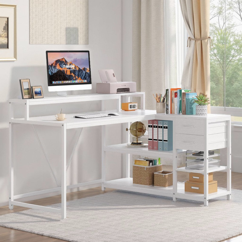 55" L-Shaped Desk - Space-Saving Corner Workstation, White