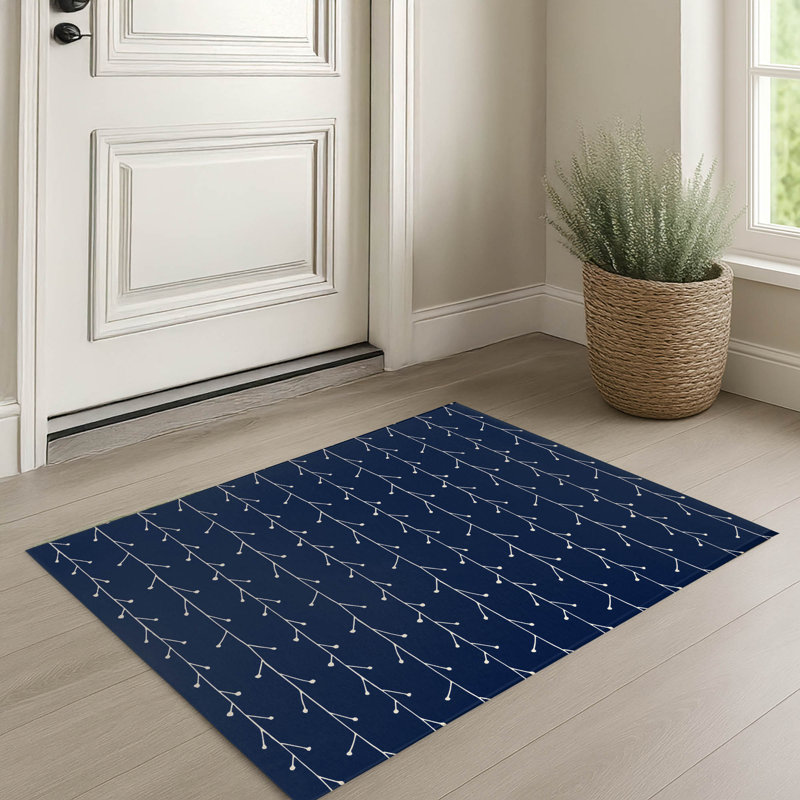 Tapis d'entrée intérieur ultra fin, léger et antidérapant à motif de branches de vigne, Deep Navy, 36" W x 60" L