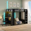 Grand lit superposé en bois avec bureau, deux tablettes de rangement, USB et lumière DEL, noir et rouge
