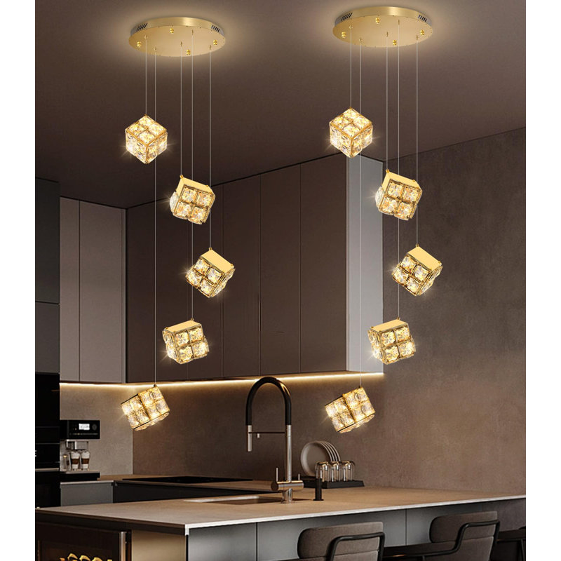 Luminaires suspendus modernes en cristal 5 lumières à intensité variable, H 78,7 po x l 13,7 po x P 13,7 po, Doré, 5 lumières