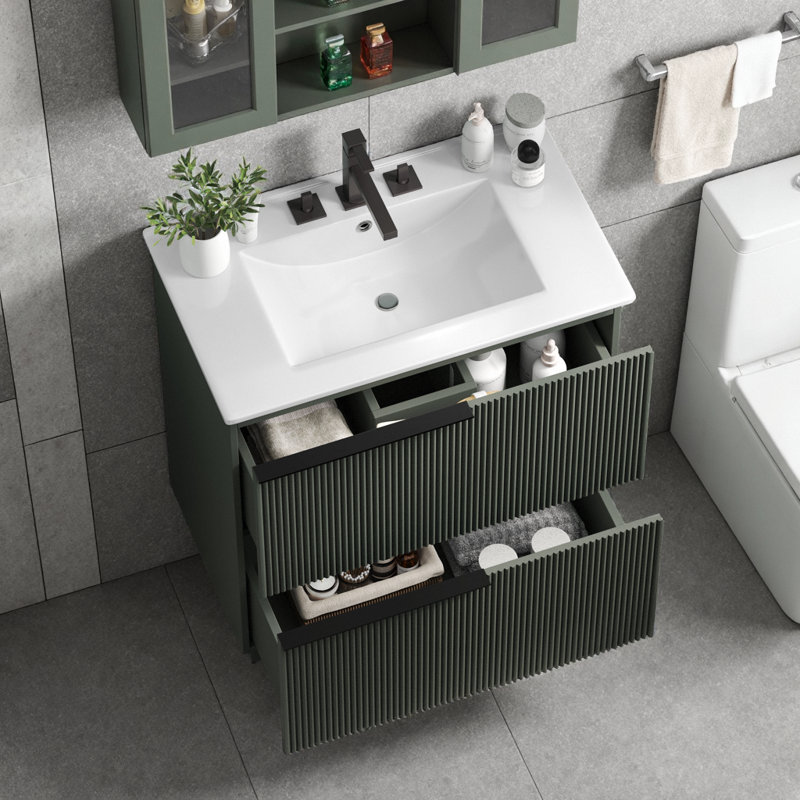 Meuble-lavabo cannelé blanc avec lavabo en céramique, tiroirs à fermeture en douceur et style américain, Vert