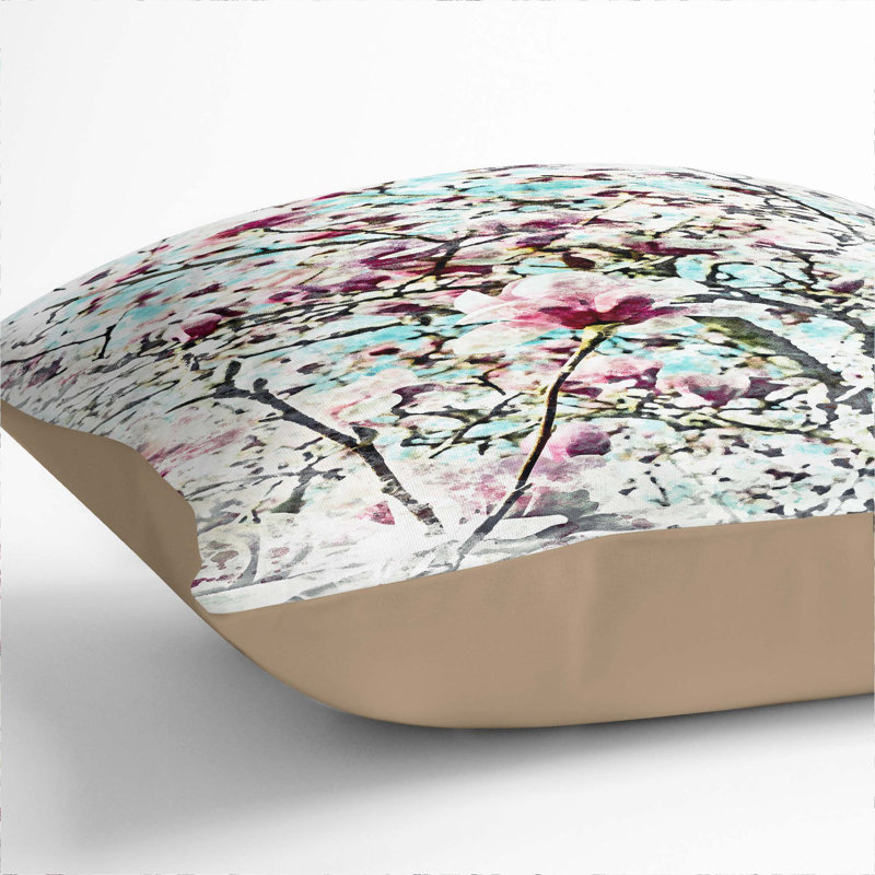 Pink Magnolia Blossom Tree Cushion with Filling, 40cm H x 40cm W x 15cm D, Stone