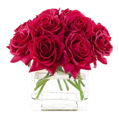 Real Touch Rose Arrangement In Square Glass Vase