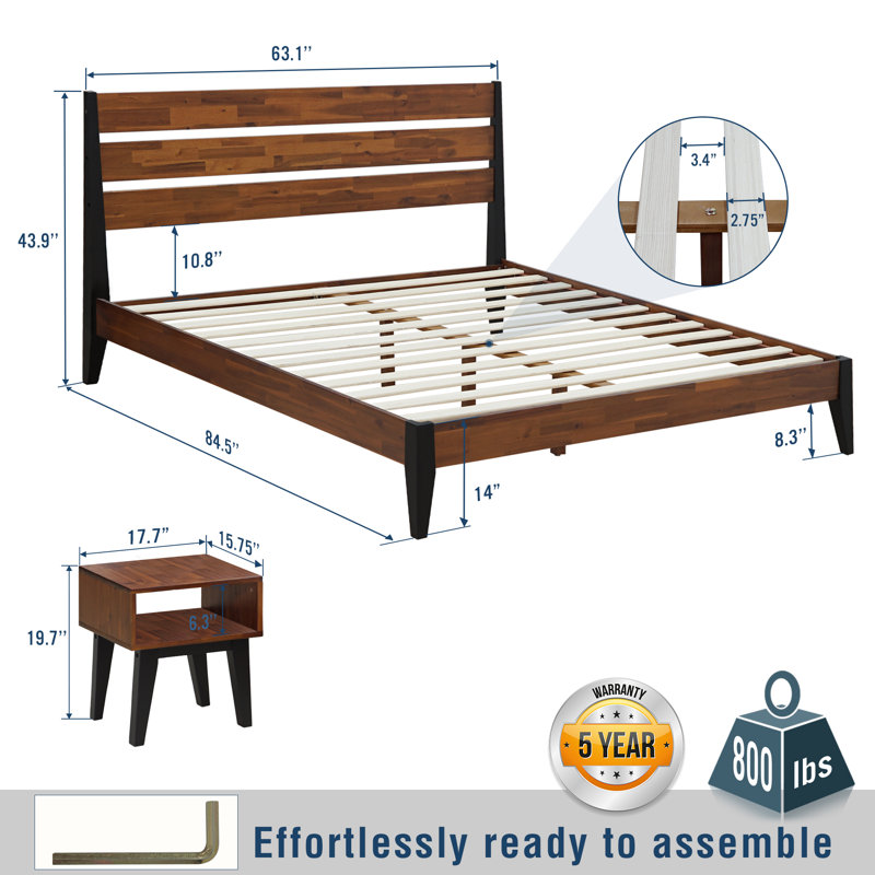 Jomar 2-Piece Solid Wood Platform Bedroom Set, Queen, Americano
