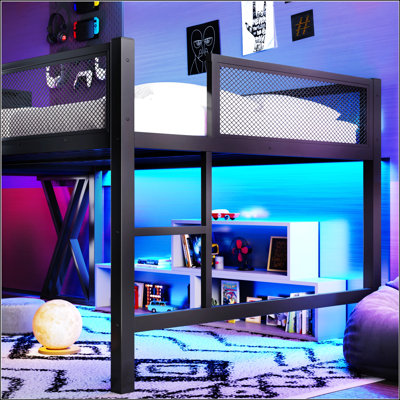 Lit mezzanine pleine grandeur avec bureau, pieds en forme de X, lumières DEL, ports USB, escalier et garde-corps en maille - Structure en métal noir, lit surélevé peu encombrant pour les dortoirs et les chambres à coucher