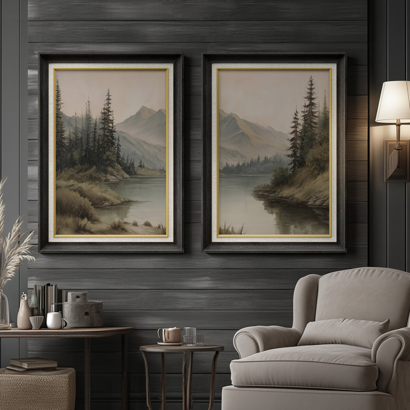 Paysage de montagne naturel rustique - ensemble de 2 reproductions d'art encadrées sur papier de qualité supérieure 26 po x 36 po