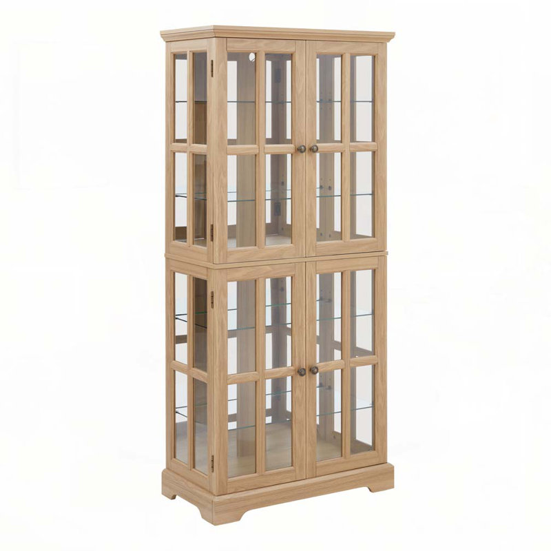 Curio Display Cabinet,Antique Display Cabinet with Glass Doors Adjustable Shelves for Collectibles Four Door Design Vintage Showcase for Home or Office Antique Display Case E26 Bulb Included OAK