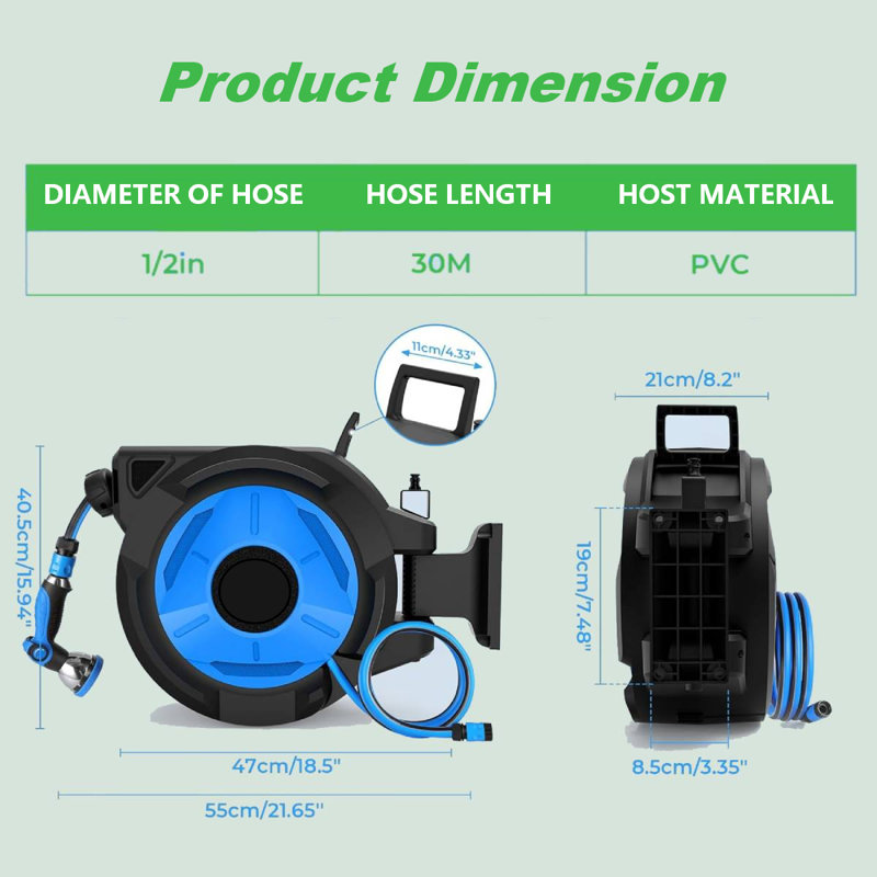 Retractable Garden Hose Reel 30m, Wall Mounted Hose Pipe Reel with Auto Rewind, 180° Swivel, Lock at Any Length, 10 Spray Nozzle, Heavy Duty Garden Water Hose Reel