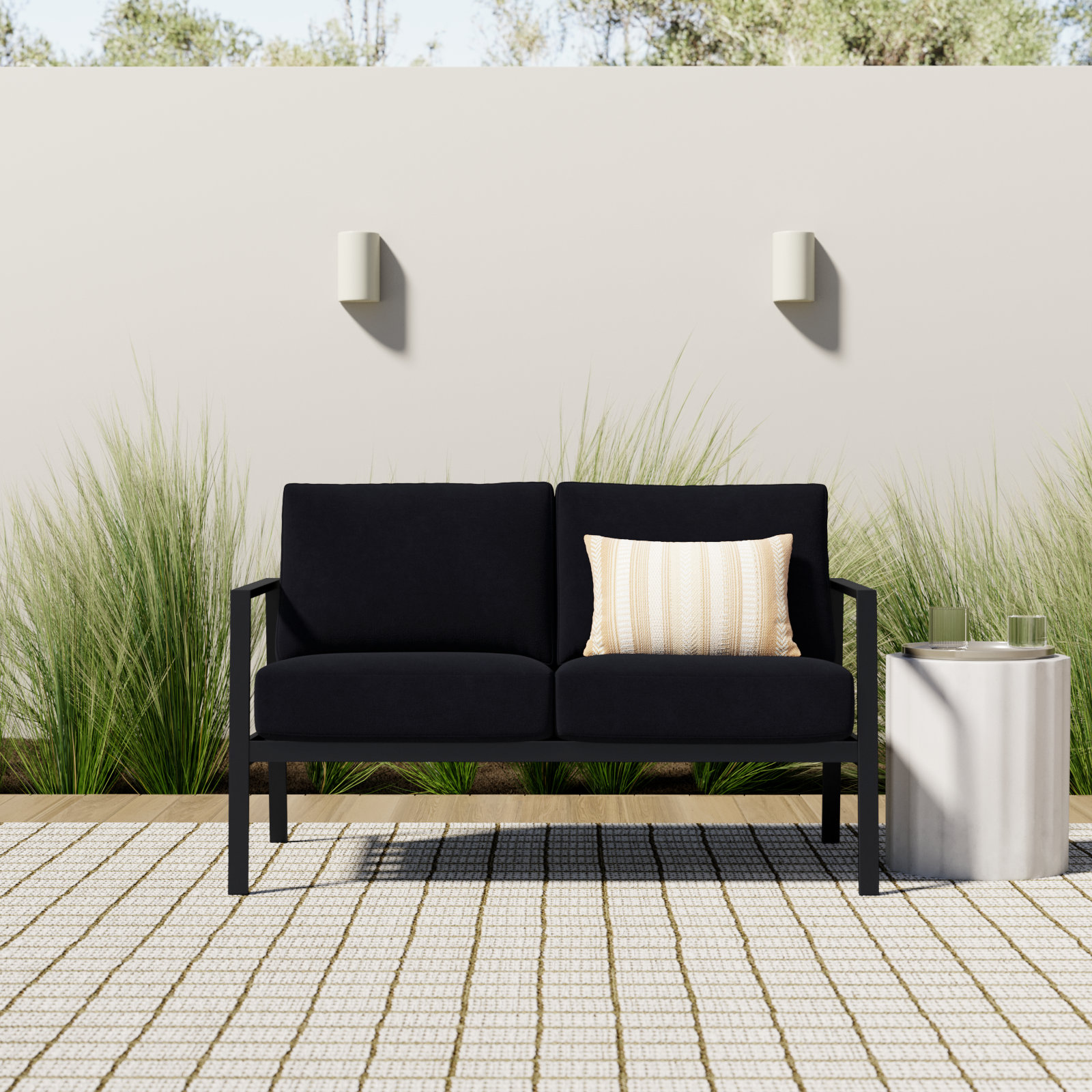 Armando 51” Aluminum Outdoor Loveseat with Sunbrella Cushions, Black Sunbrella®, Black