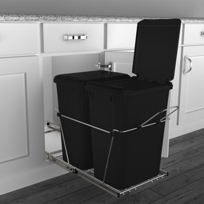 Rev-A-Shelf Double Pull Out Trash Can 35 Qt for Kitchen, 35 quart, Black