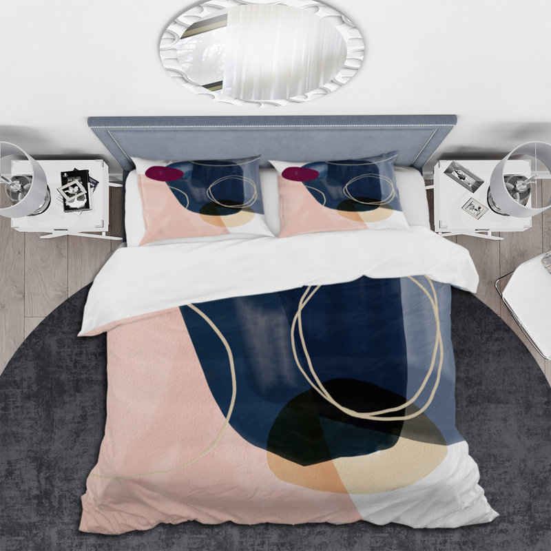 Ensemble de housse de couette en microfibre bleu / rose / blanc, Housse de couette pour grand lit et 2 taies décor