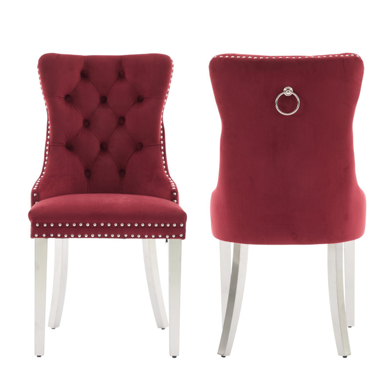 Chaises de salle à manger capitonnées en velours à oreilles, Vin bordeaux, Nickel brossé