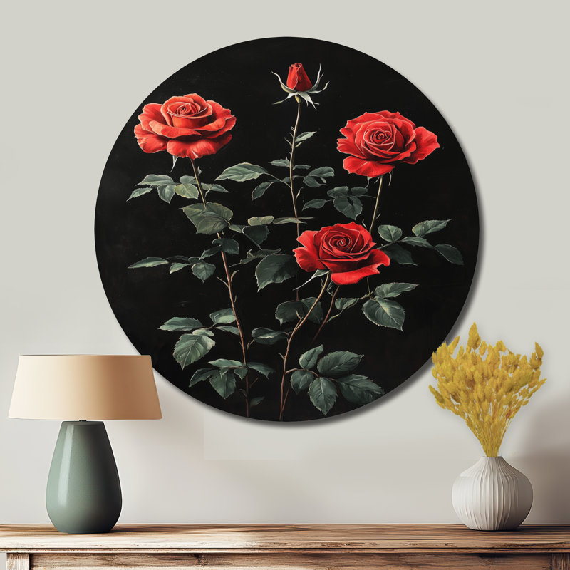 Midnight Vivid Rose Flowers Elegance - Roses Round Metal Print, Modern Red Metal Wall Art, 23" H x 23" W
