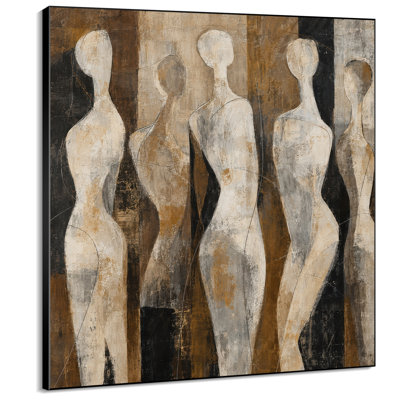 Impression sur tissu grand format - Motif abstrait neutre de figures humaines marron et noir pour salon ou chambre - « Assemblage du cadre requis (cadre non fini) »