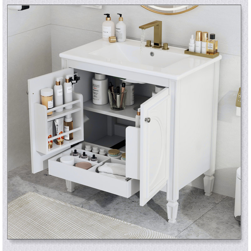 Meuble-lavabo 30 po avec lavabo, deux portes avec tablette, charnières de porte à fermeture en douceur, style rétro, blanc