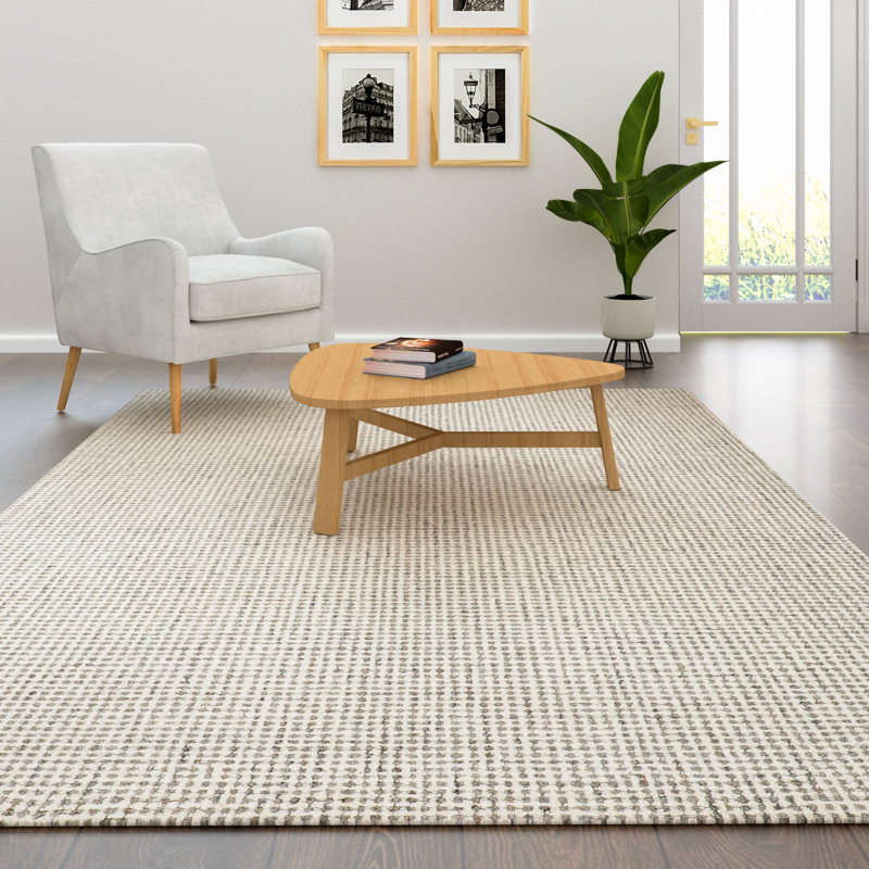 Abstract Contemporary Grid Handmade Wool Blend Area Rug, Rectangle 9' x 12', Gray/Ivory
