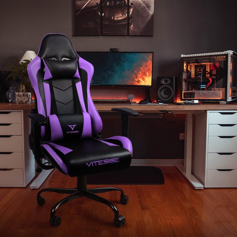 Fauteuil de jeu ergonomique pour ordinateur avec support et appui-tête de 330 lb, Mauve, H 49,7 po x l 22,2 po x P 21 po