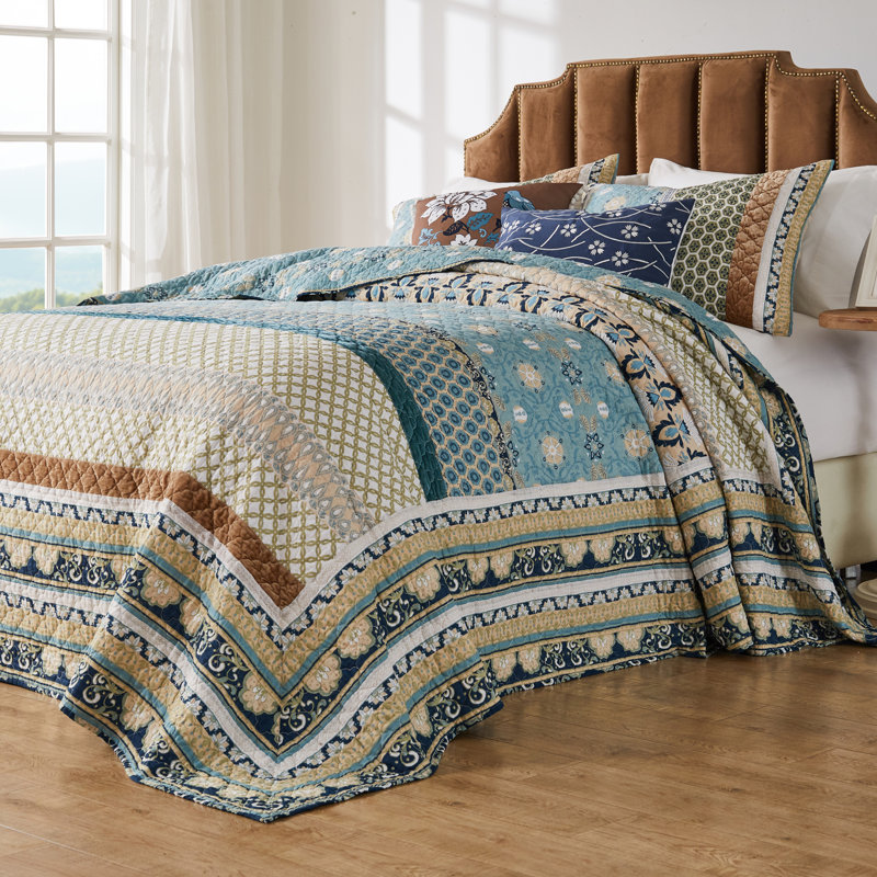 Thalia Blue and Brown Cotton King Reversible Bedspread Set