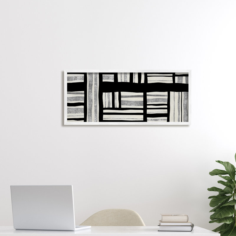 Abstrait patchwork perpendiculaire - Peinture, H 10 po x l 24 po x P 1,5 po, Giclée encadrée blanc bord de mer