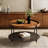 31.5-Inch Solid Wood Round Coffee Table, Boho Living Room Coffee Tea Table with Metal Storage & Carved Floral Pattern-1126436315