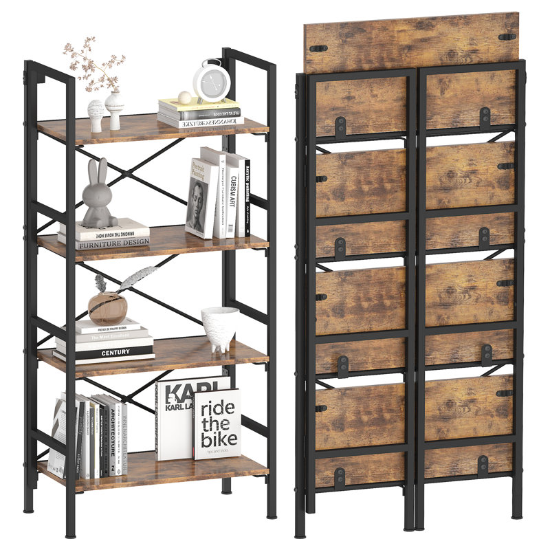 Folding Bookshelf,4 Tier Bookcase Foldable Shelf with X-Bracket Design, Adjustable Feet, Space Saving Storage for Living Room, Office, Rustic Brown