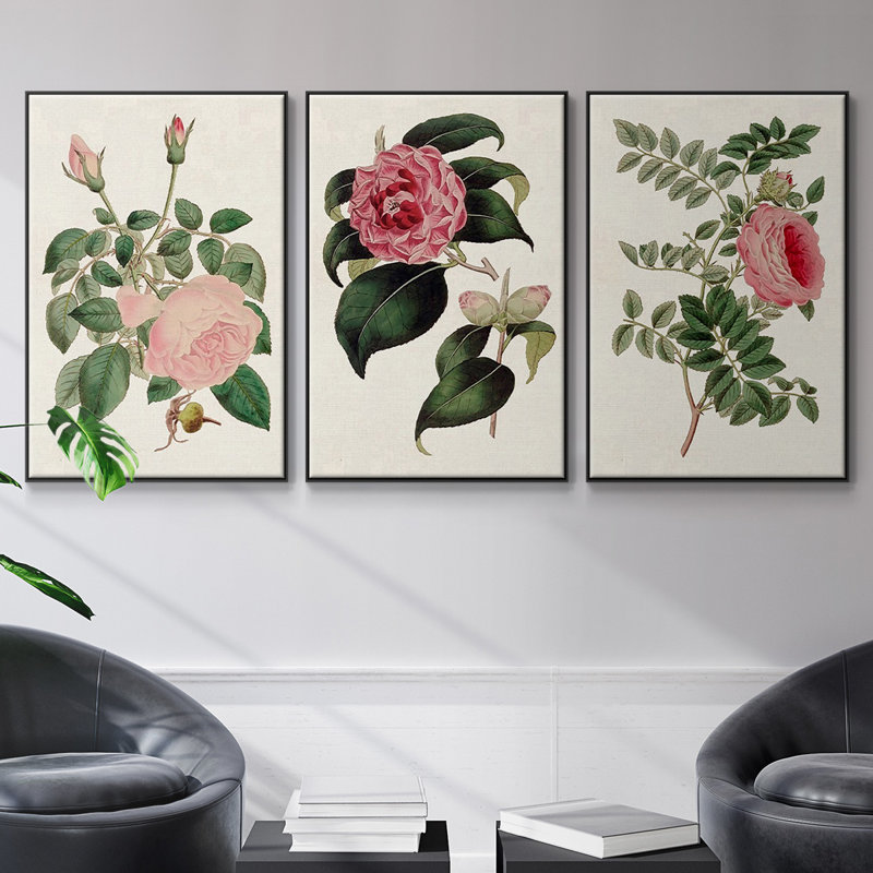 Mélange floral rose I, Cadre noir, H 36 po x l 72 po x P 2 po