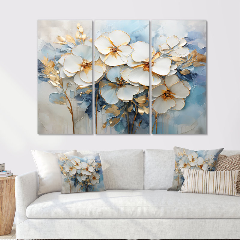 White and Blue Pansies Garden - Ensemble de décorations murales Pansies, Toile tendue, H 32 po x l 48 po x P 1 po