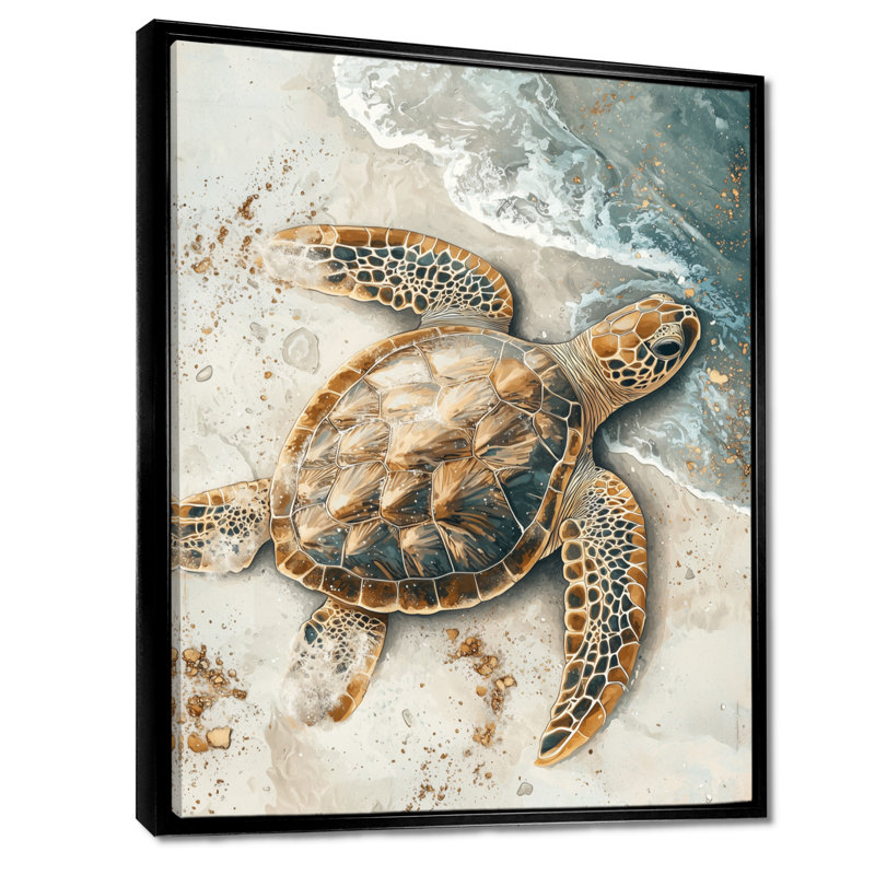 Tortue dorée Cohner sur la plage I - tortue, art mural, Noir, Reproduction avec cadre flottant, H 20 po x l 12 po