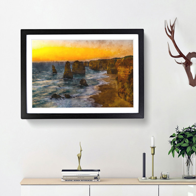 Sunset Over The Twelve Apostles - Single Picture Frame Painting on MDF, 24cm H x 33cm W x 2cm D, Black Framed