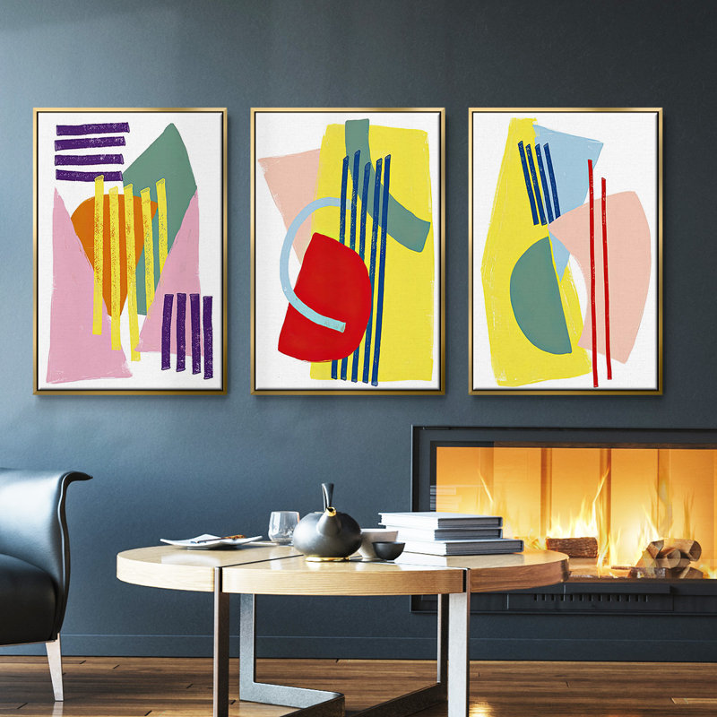 «Color Plan I», ensemble de 3 toiles encadrées, Or, H 27 po x l 54 po