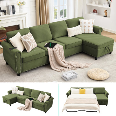Canapé-lit modulaire convertible en L 106,5 po à 4 places avec lit escamotable, sans fil et de charge, matelas en mousse à mémoire de forme, mousse de canapé de rangement interchangeable Flannelette gauche droite,