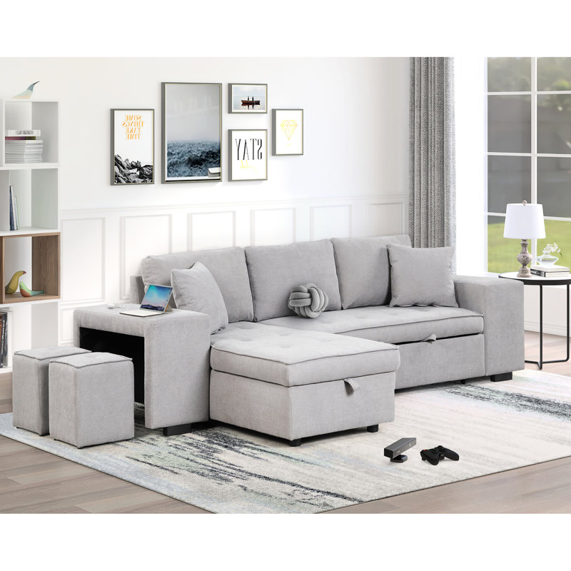 Canapé modulaire de 104,5 po avec rangement pour canapé-lit et méridienne, 2 tabourets pour le salon