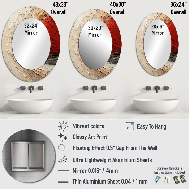 Beige rouge spirale poteries I - Miroir décoratif abstrait ovale sur métal, 36 po x 24 po