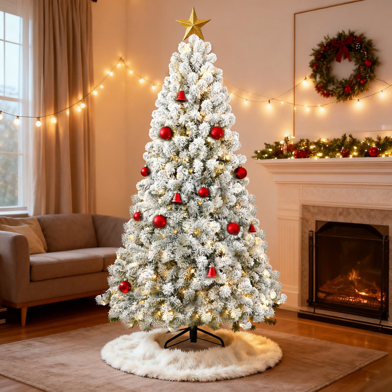 Arbre de Noël artificiel enneigé avec lumières blanc chaud et extrémités de branches, arbre de Noël en faux pin de qualité supérieure pour la maison, le bureau ou le magasin, incluant un support en métal pliable