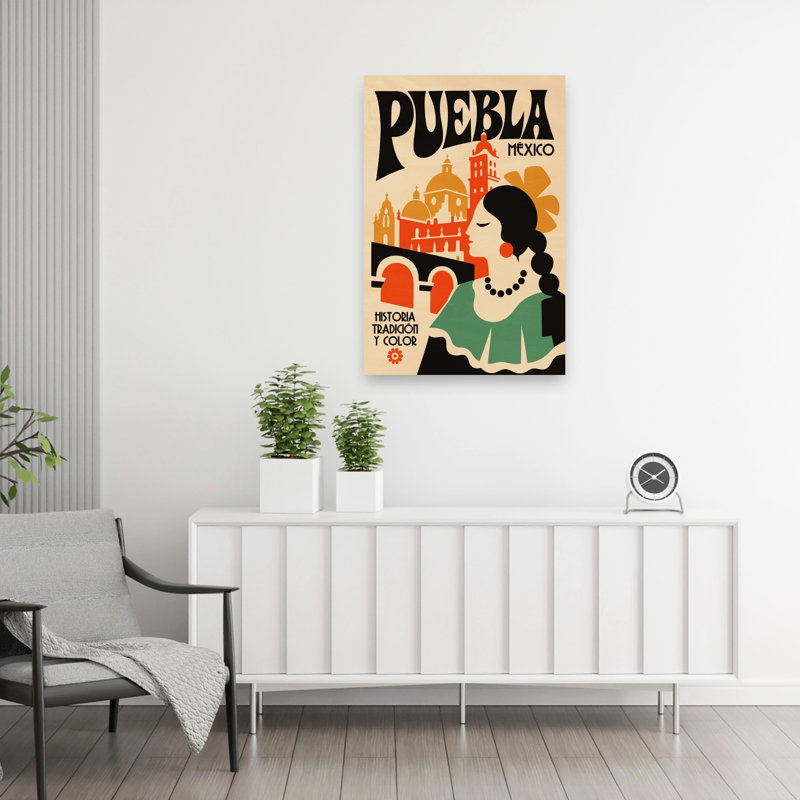 Retro Puebla Mexico Travel Colorful Retro Traditional Architecture City Wall Art Print 1 Piece Wrapped Canvas Wall Art