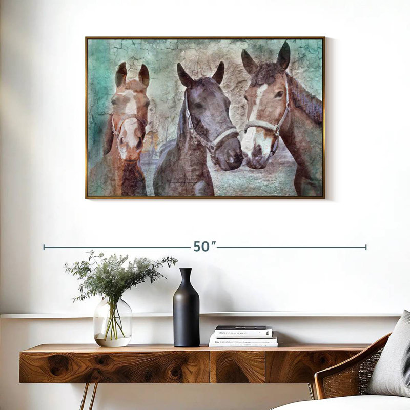 Trois chevaux voisins, Cadre flottant doré, 37 po x 25 po
