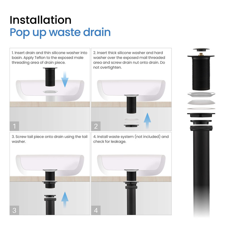 Bathroom Sink Pop Up Drain Stopper with 12" tailpiece, without Overflow, Matte Black